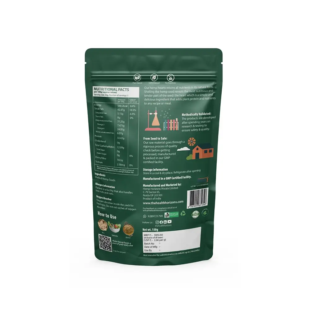 Health Horizons Ayurvedic Sativa Hemp Hearts, 150gm - Image 2
