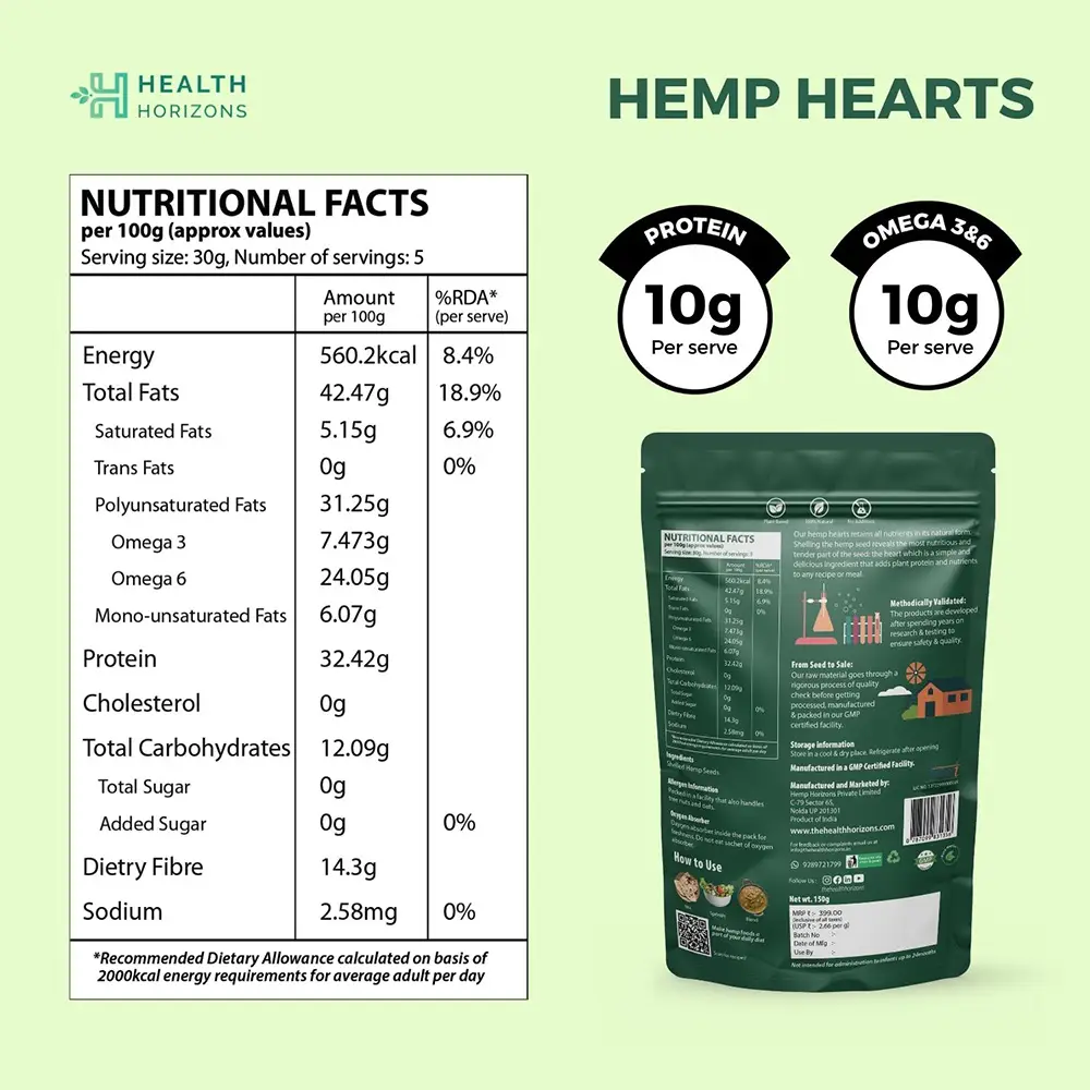 Health Horizons Ayurvedic Sativa Hemp Hearts, 150gm - Image 3