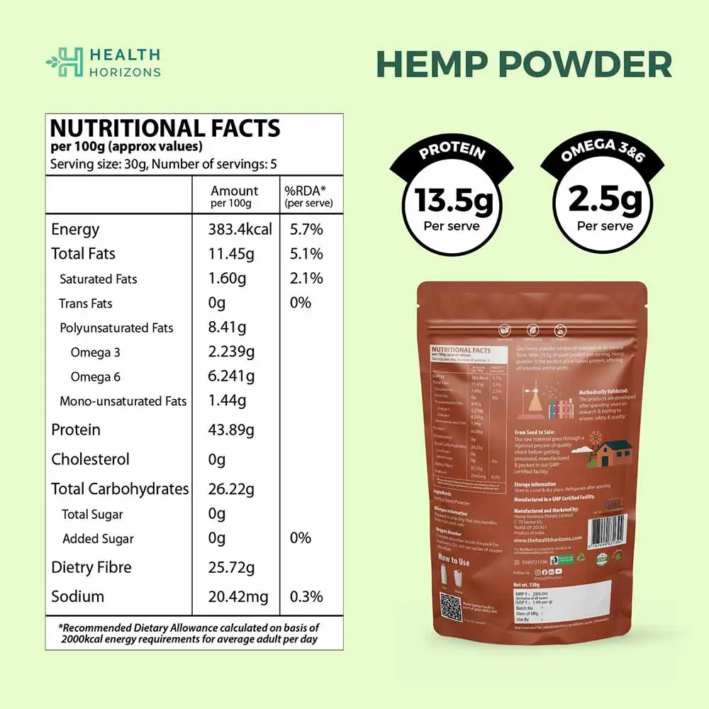 Health Horizons Ayurvedic Sativa Hemp Protein Powder 150gm - Image 3