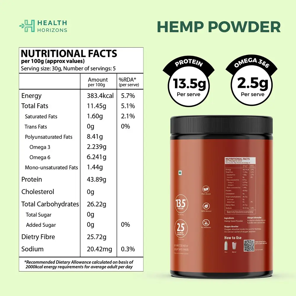Health Horizons Cold Milled Raw Hemp Seeds Powder (Protein) 500gm - Image 3