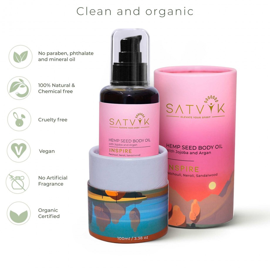 Satvik INSPIRE Organic Hemp Seed Face and Body Oil, 100 ml on itsHemp