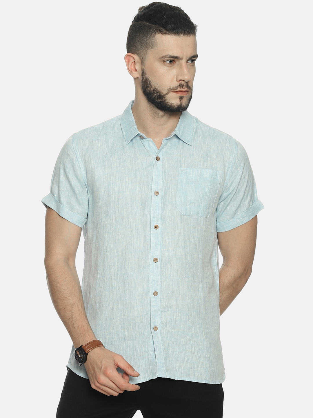Ecentric Sky Blue colour slim fit hemp casual shirt on itsHemp