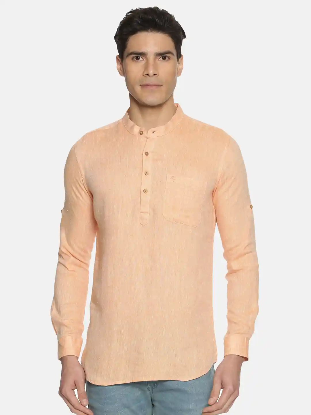 EC048034_1 Ecentric neon saffron colour hemp short kurta on itsHemp