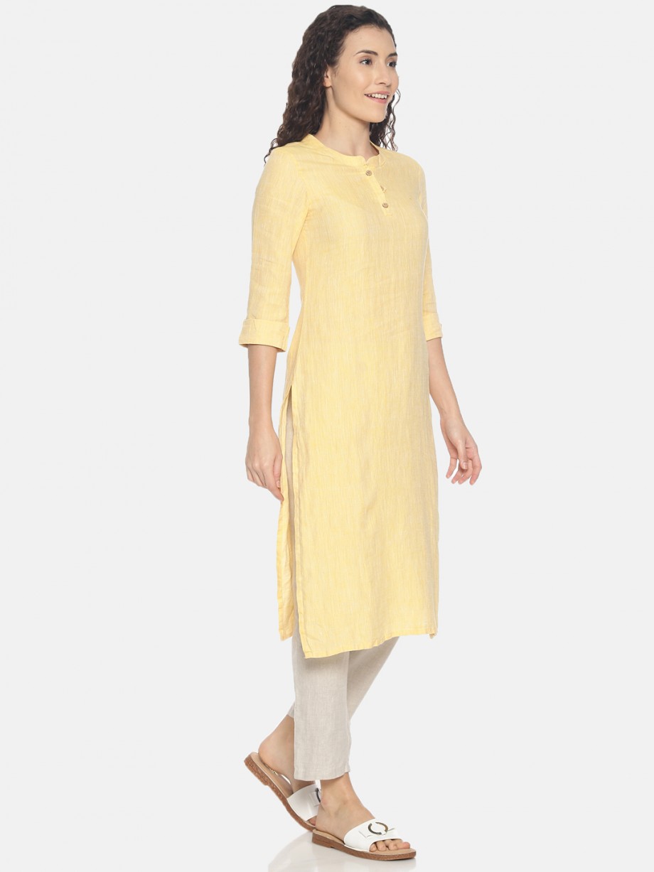 Ecentric Women’s lemon yellow colour solid hemp straight long kurta on itsHemp