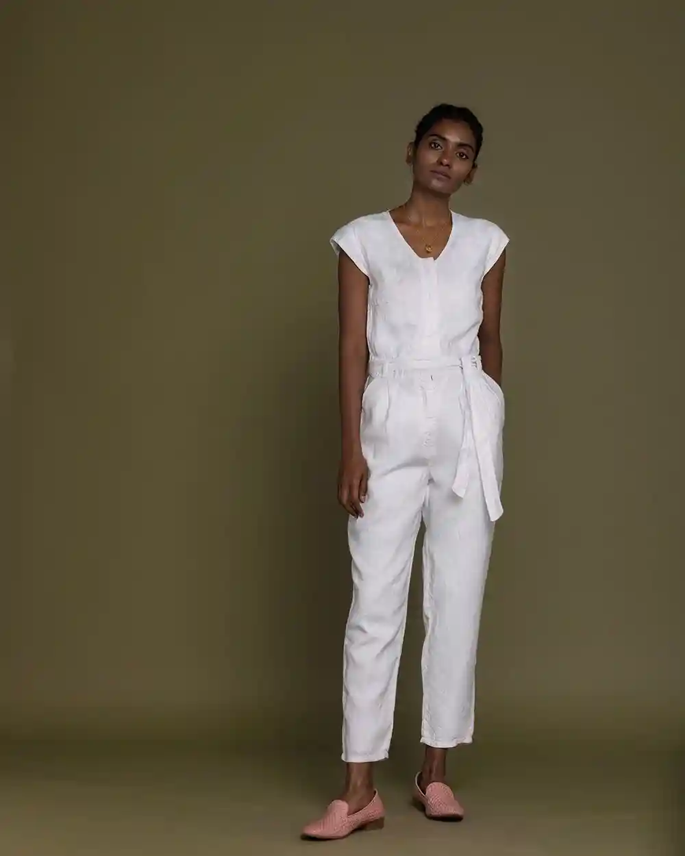 Reistor Evening Chai Jumpsuit (Coconut White) on itsHemp