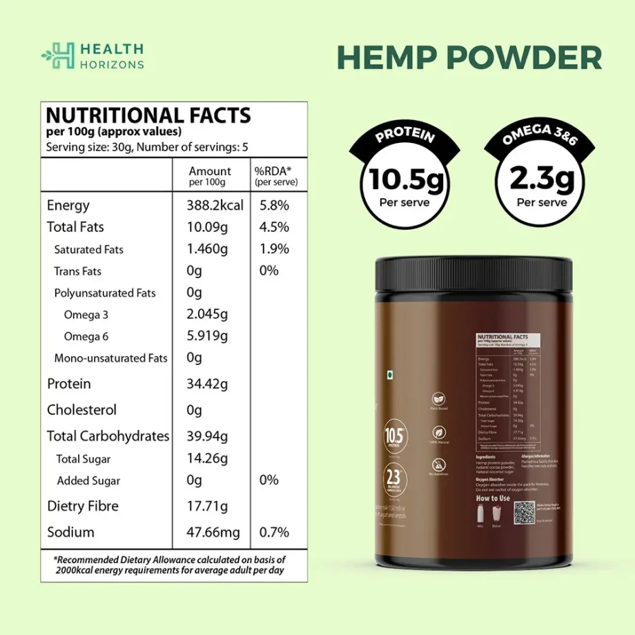 Health Horizons Ayurvedic Sativa Hemp Protein Powder - Chocolate Flavour (500gms) - Image 7