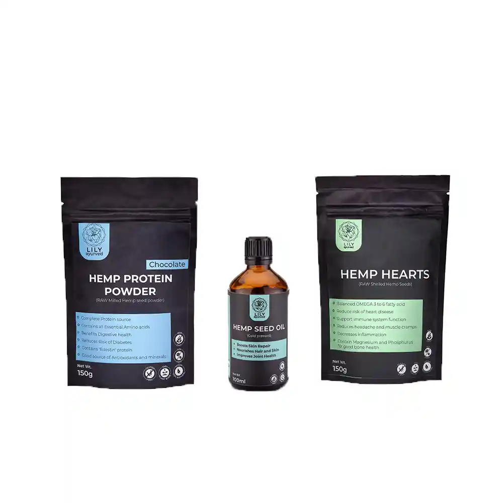 LA083011_1 Lily Ayurved Hemp Mini Pack (100ml Hemp Seed Oil + 150g Hemp Hearts + 150g Hemp Chocolate Powder) on itsHemp