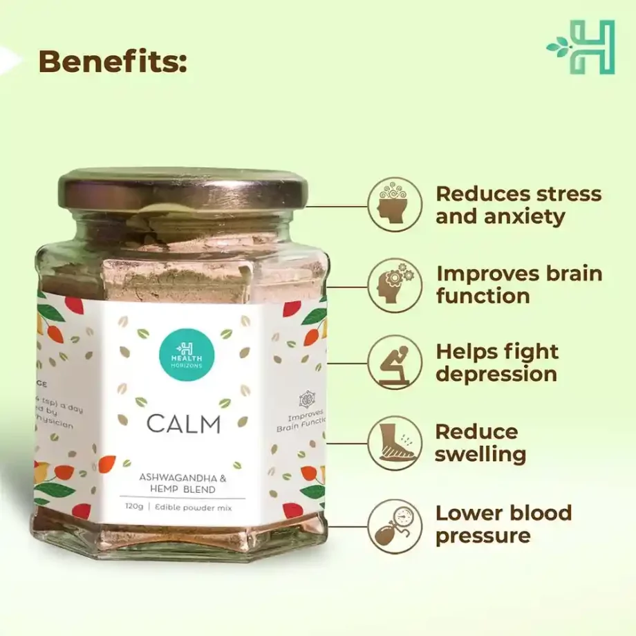 Health Horizons Calm Blend For Stress Relief (Powder), 120g front-view on itsHemp