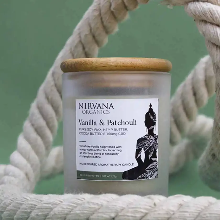 N1rvana Organics Vanilla & Patchouli Aromatherapy/Body Butter Candle with CBD, 175g on itsHemp