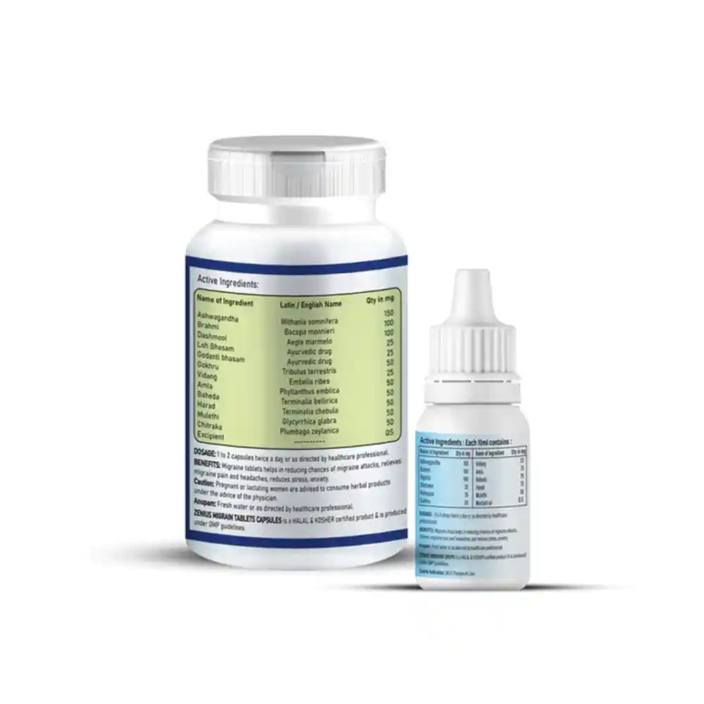 Zenius Migrain Kit For Migraine Relief Tablets & Drops, 60 Tablets & 30ml Drops on itshemp.in