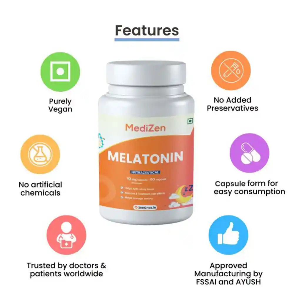 MediZen Melatonin for Natural Sleep Aid, 10mg (60 Capsules) on itshemp.in