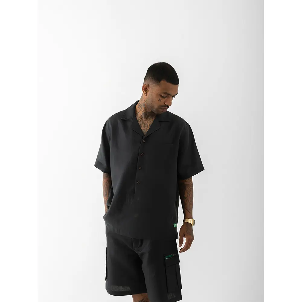 Cannabie Cuban Collar Hemp Shirt Solid (Black) on itshemp.in