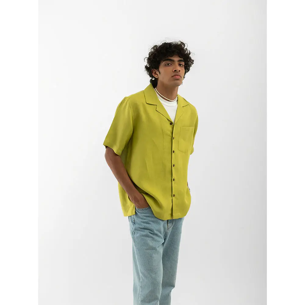 CB068059_3 Cannabie Cuban Collar Hemp Shirt Solid (Green) on itshemp.in