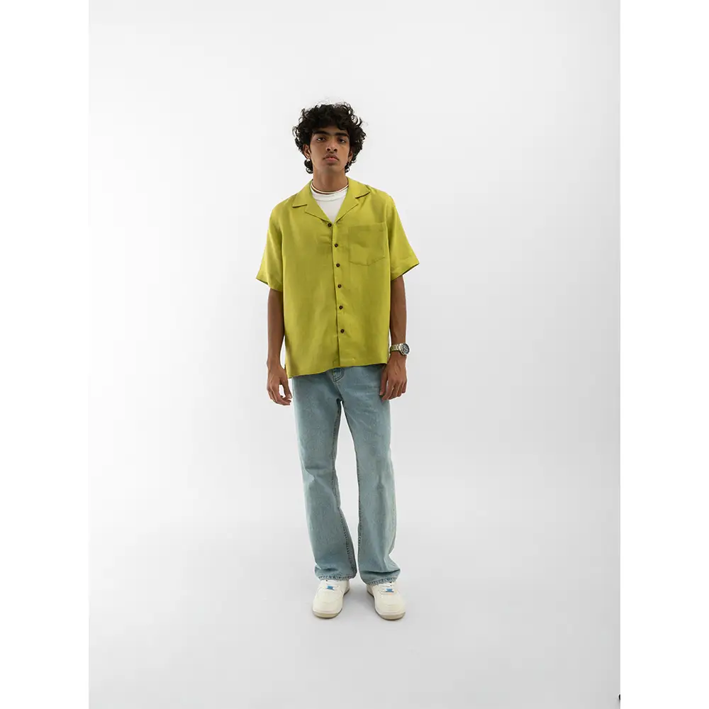 Cannabie Cuban Collar Hemp Shirt Solid (Green) on itshemp.in