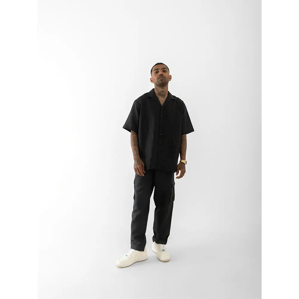 Cannabie OG Patchwork Cuban Collar Hemp Shirt (Black) on itshemp.in