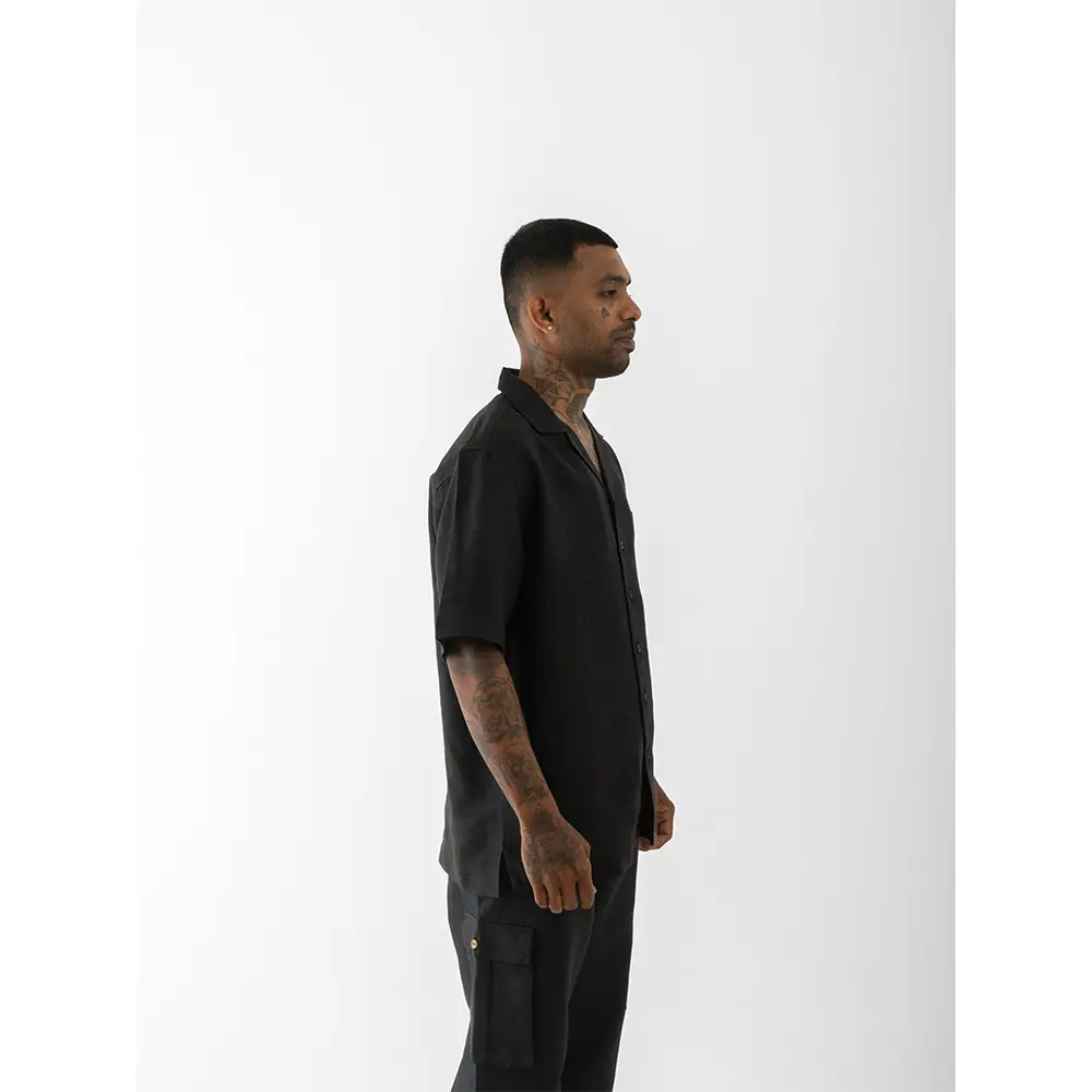 Cannabie OG Patchwork Cuban Collar Hemp Shirt (Black) on itshemp.in