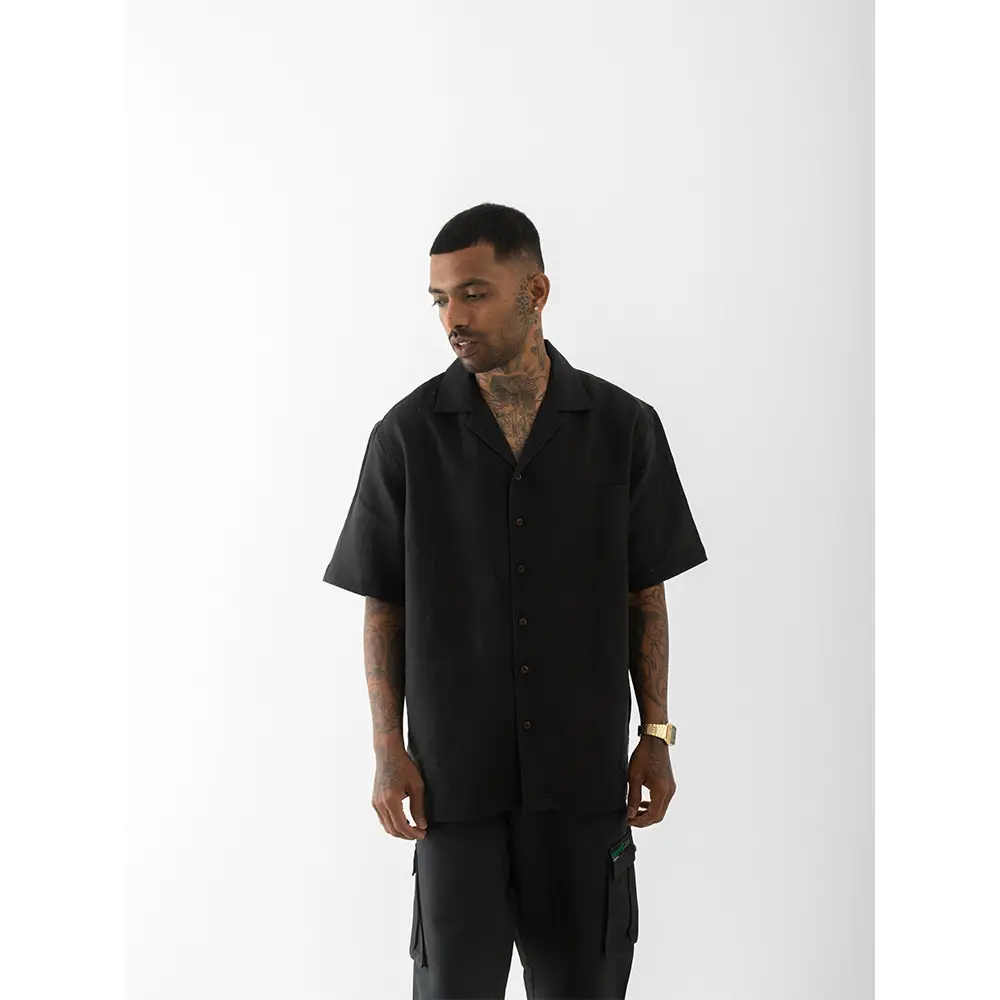 CB068062_3 Cannabie OG Patchwork Cuban Collar Hemp Shirt (Black) on itshemp.in