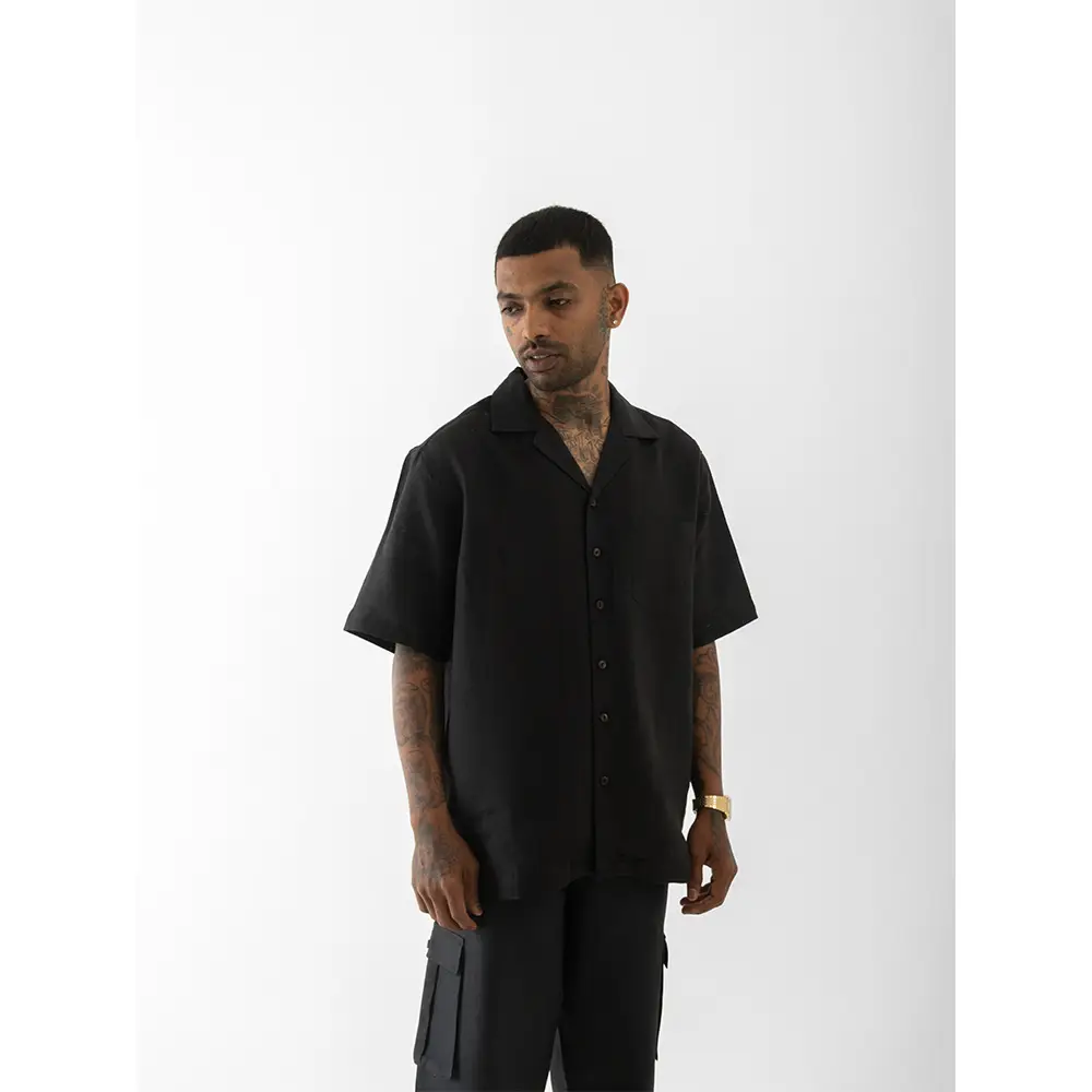 Cannabie OG Patchwork Cuban Collar Hemp Shirt (Black) on itshemp.in