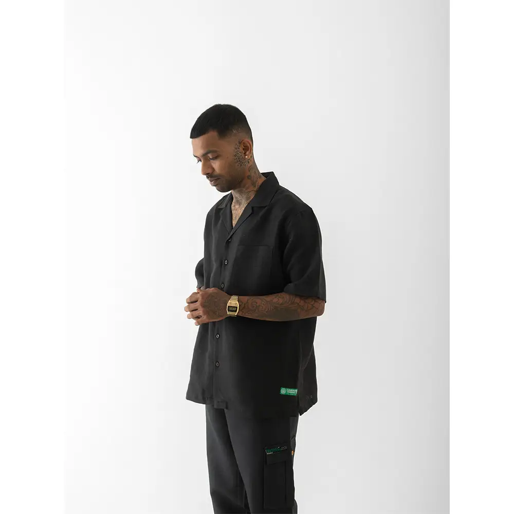 Cannabie OG Patchwork Cuban Collar Hemp Shirt (Black) on itshemp.in