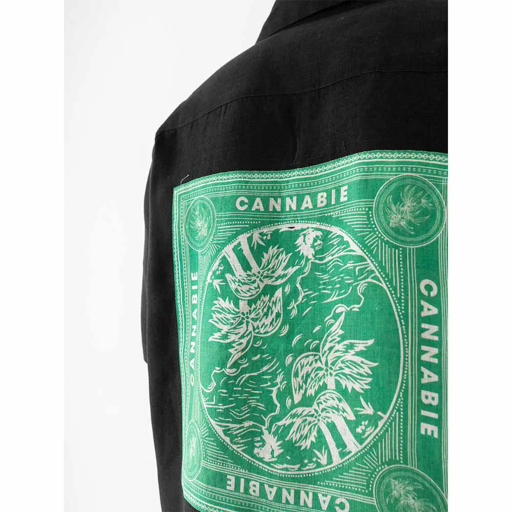 Cannabie OG Patchwork Cuban Collar Hemp Shirt (Black) on itshemp.in