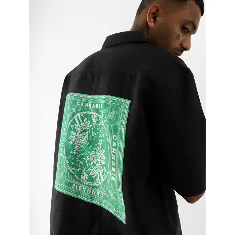 Cannabie OG Patchwork Cuban Collar Hemp Shirt (Black) on itshemp.in