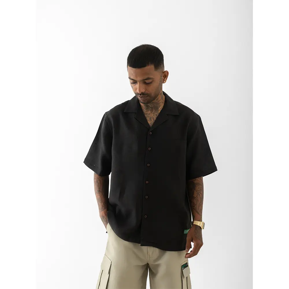 Cannabie OG Patchwork Cuban Collar Hemp Shirt (Black) on itshemp.in