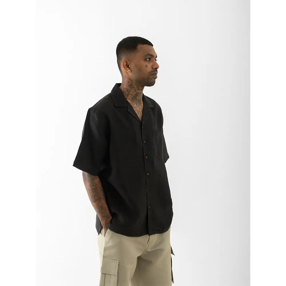 Cannabie OG Patchwork Cuban Collar Hemp Shirt (Black) on itshemp.in