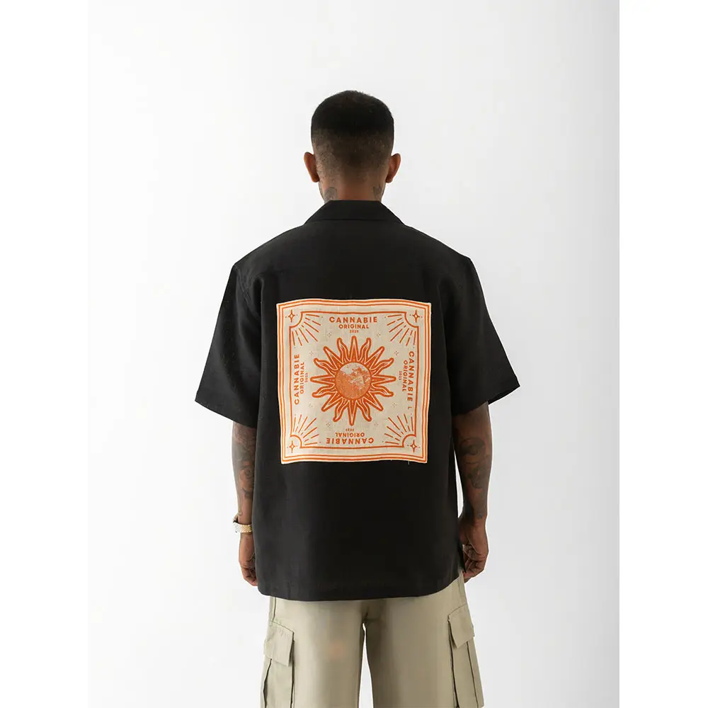 Cannabie OG Patchwork Cuban Collar Hemp Shirt (Black) on itshemp.in