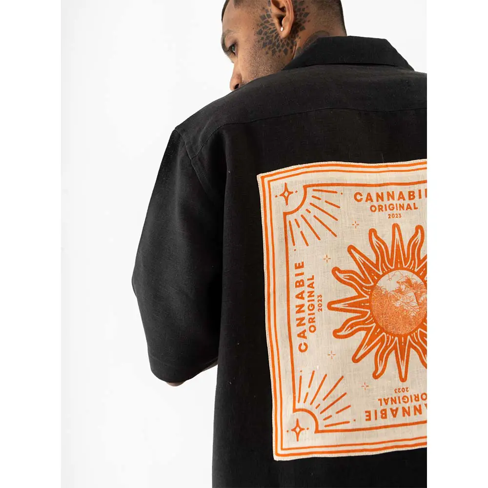 Cannabie OG Patchwork Cuban Collar Hemp Shirt (Black) on itshemp.in