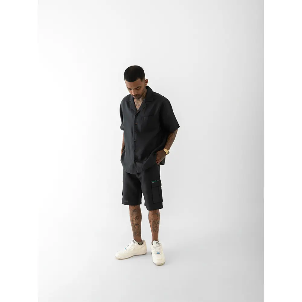 Cannabie OG Patchwork Cuban Collar Hemp Shirt (Black) on itshemp.in