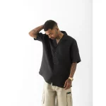 Cannabie Bandana Patchwork Cuban Collar Hemp Shirt (Black) on itshemp.in