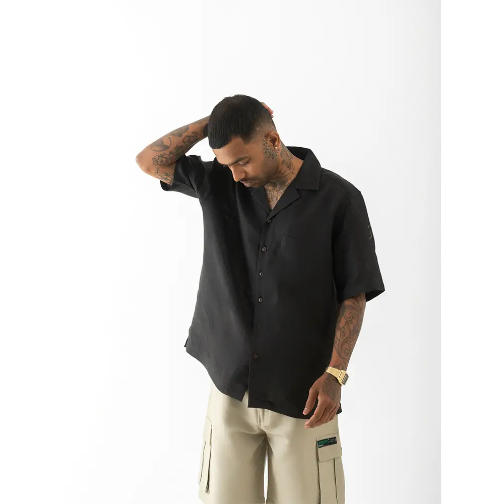 CB068064_1 Cannabie Bandana Patchwork Cuban Collar Hemp Shirt (Black) on itshemp.in