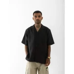 Cannabie Bandana Patchwork Cuban Collar Hemp Shirt (Black) on itshemp.in