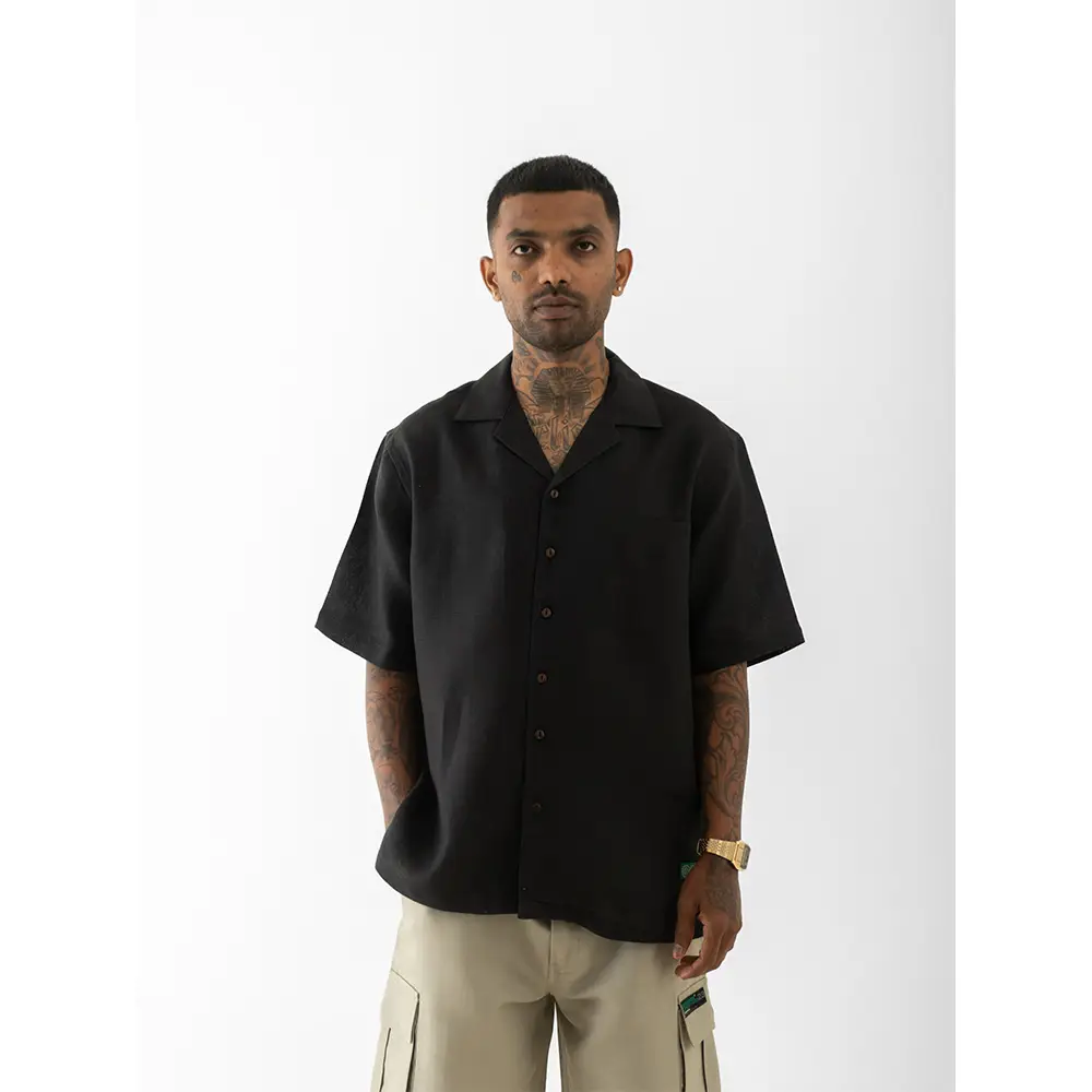 Cannabie Bandana Patchwork Cuban Collar Hemp Shirt (Black) on itshemp.in
