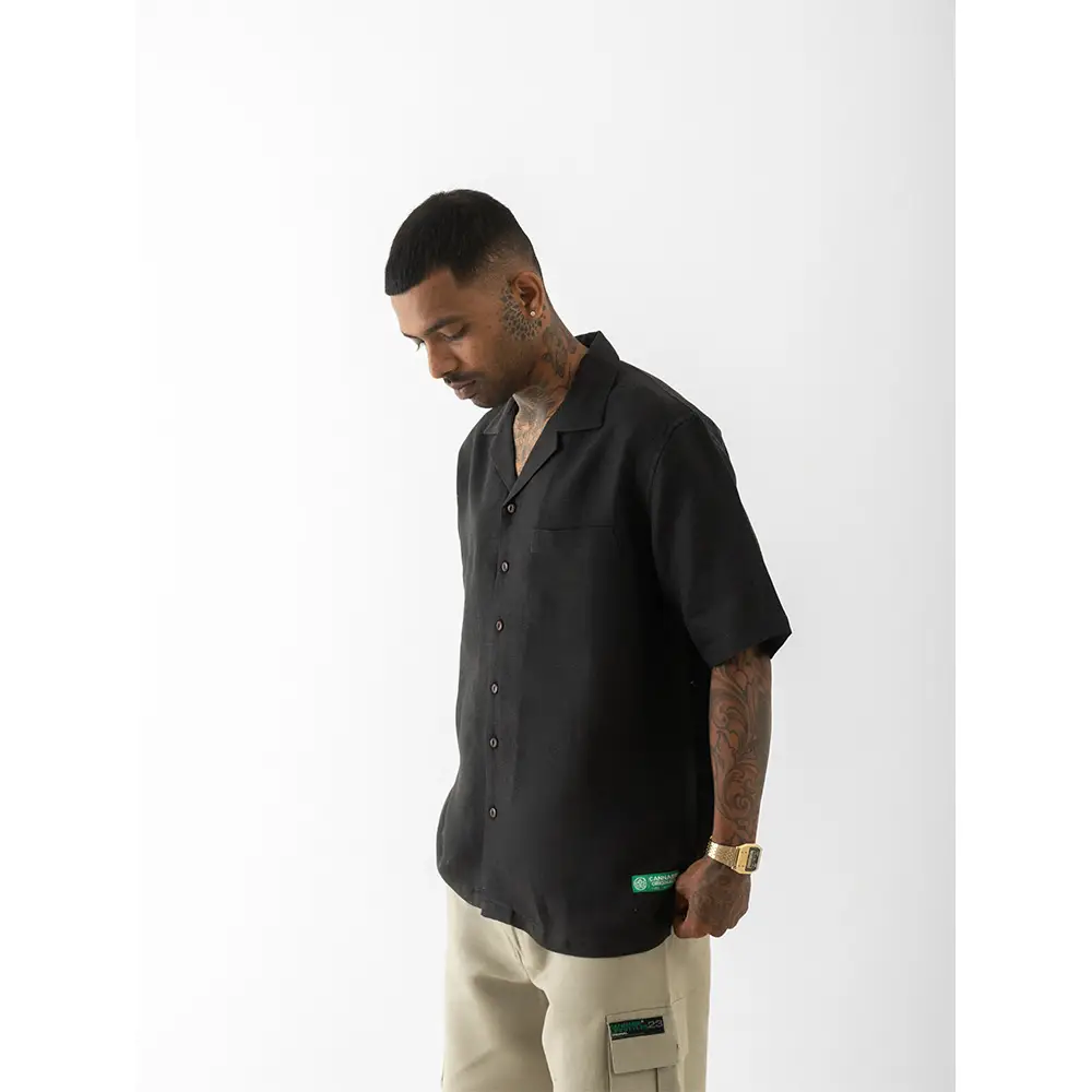 Cannabie Bandana Patchwork Cuban Collar Hemp Shirt (Black) on itshemp.in