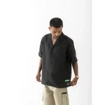 Cannabie Bandana Patchwork Cuban Collar Hemp Shirt (Black) on itshemp.in