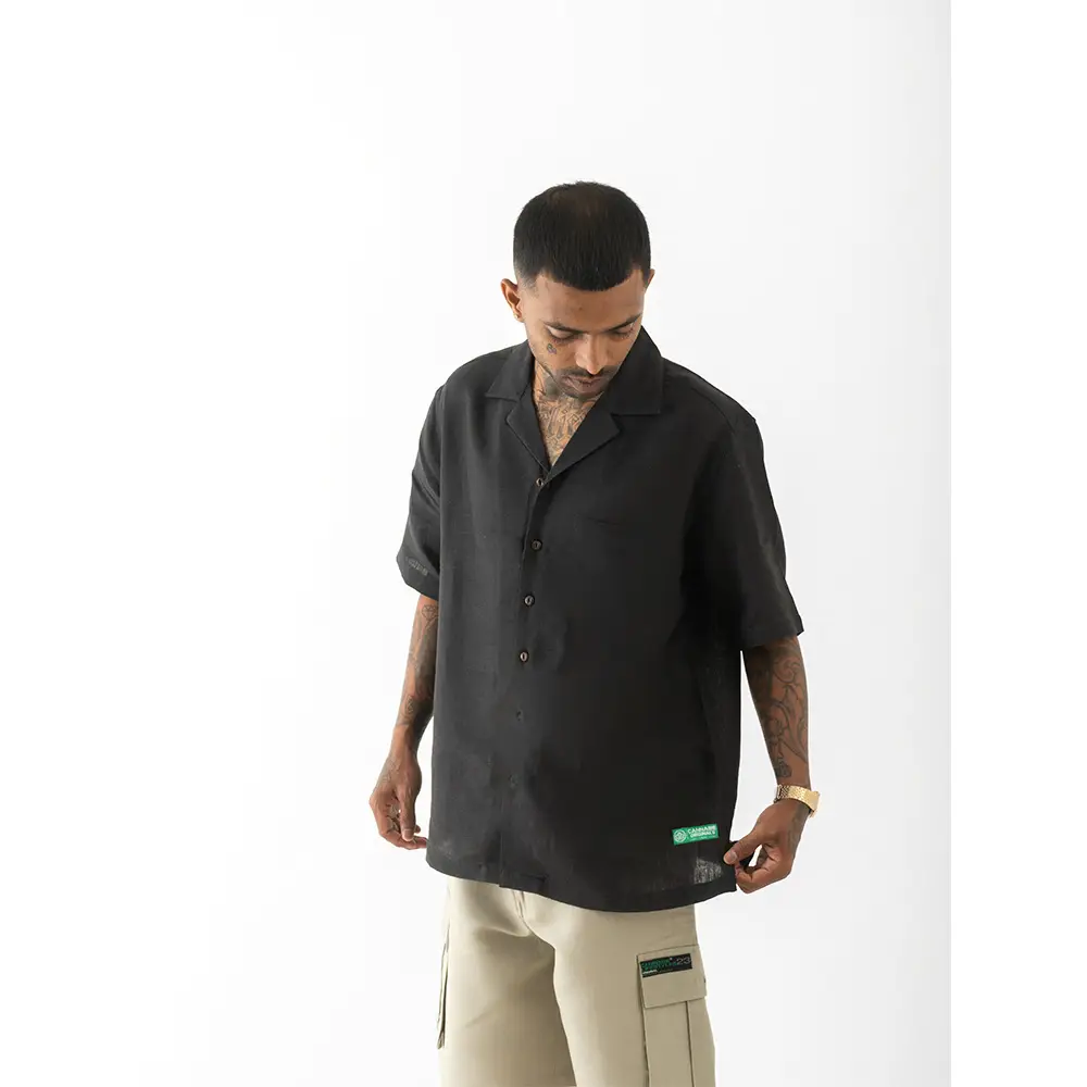 Cannabie Bandana Patchwork Cuban Collar Hemp Shirt (Black) on itshemp.in