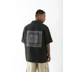 Cannabie Bandana Patchwork Cuban Collar Hemp Shirt (Black) on itshemp.in
