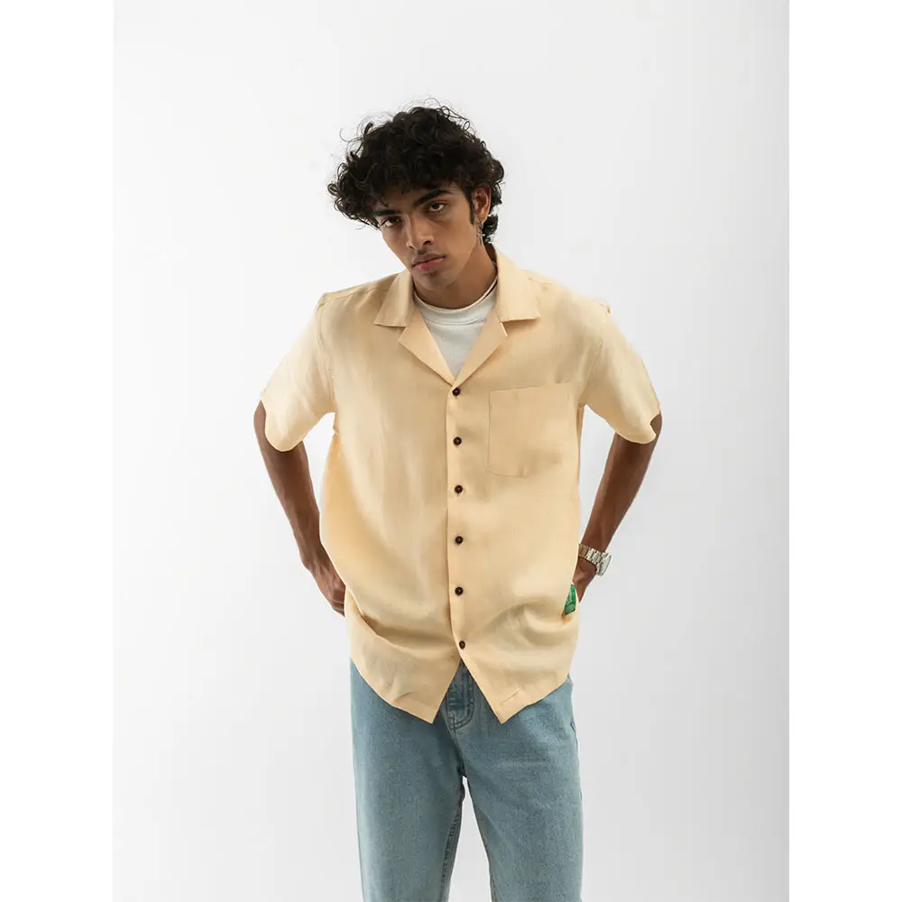 Cannabie OG Patchwork Cuban Collar Hemp Shirt (Nude) on itshemp.in