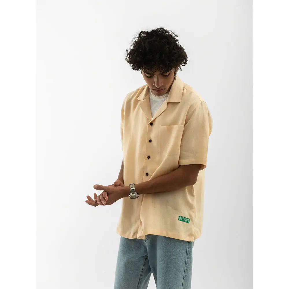 Cannabie OG Patchwork Cuban Collar Hemp Shirt (Nude) on itshemp.in