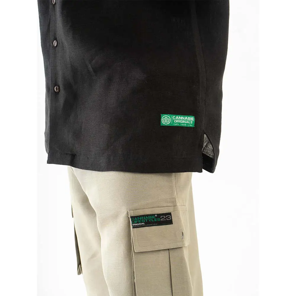 Cannabie Bandana Patchwork Cuban Collar Hemp Shirt (Black) on itshemp.in