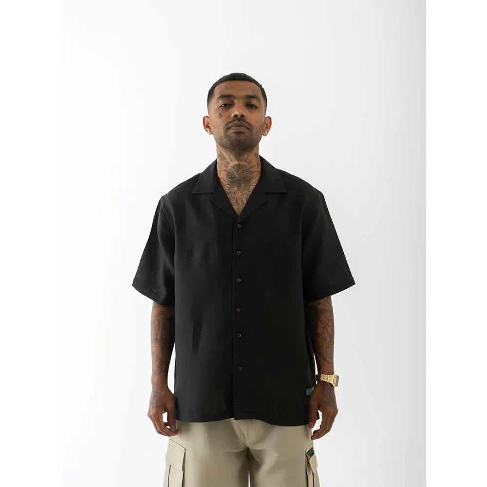 Cannabie Bandana Patchwork Cuban Collar Hemp Shirt (Black) on itshemp.in