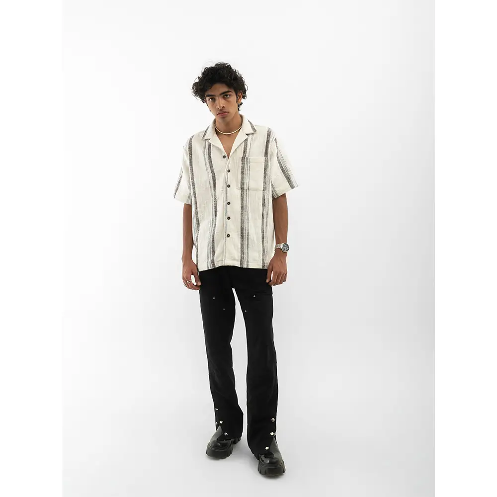 Cannabie Textured Cuban Collar Hemp Shirt (White) on itshemp.in