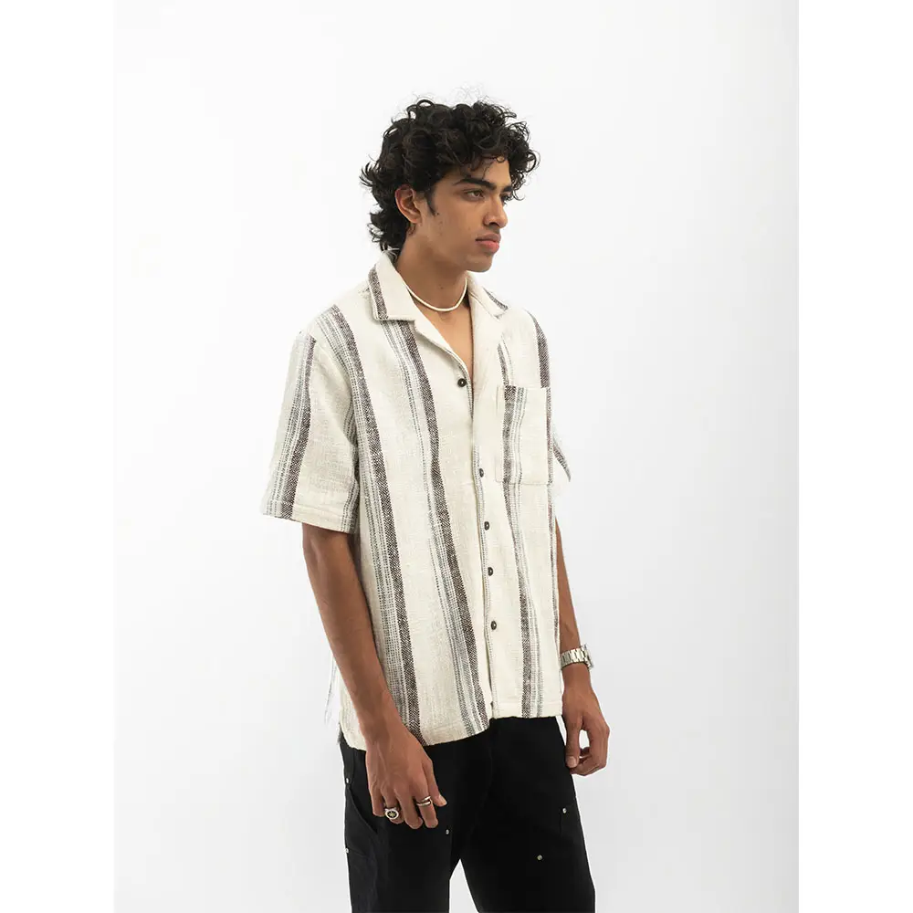 Cannabie Textured Cuban Collar Hemp Shirt (White) on itshemp.in