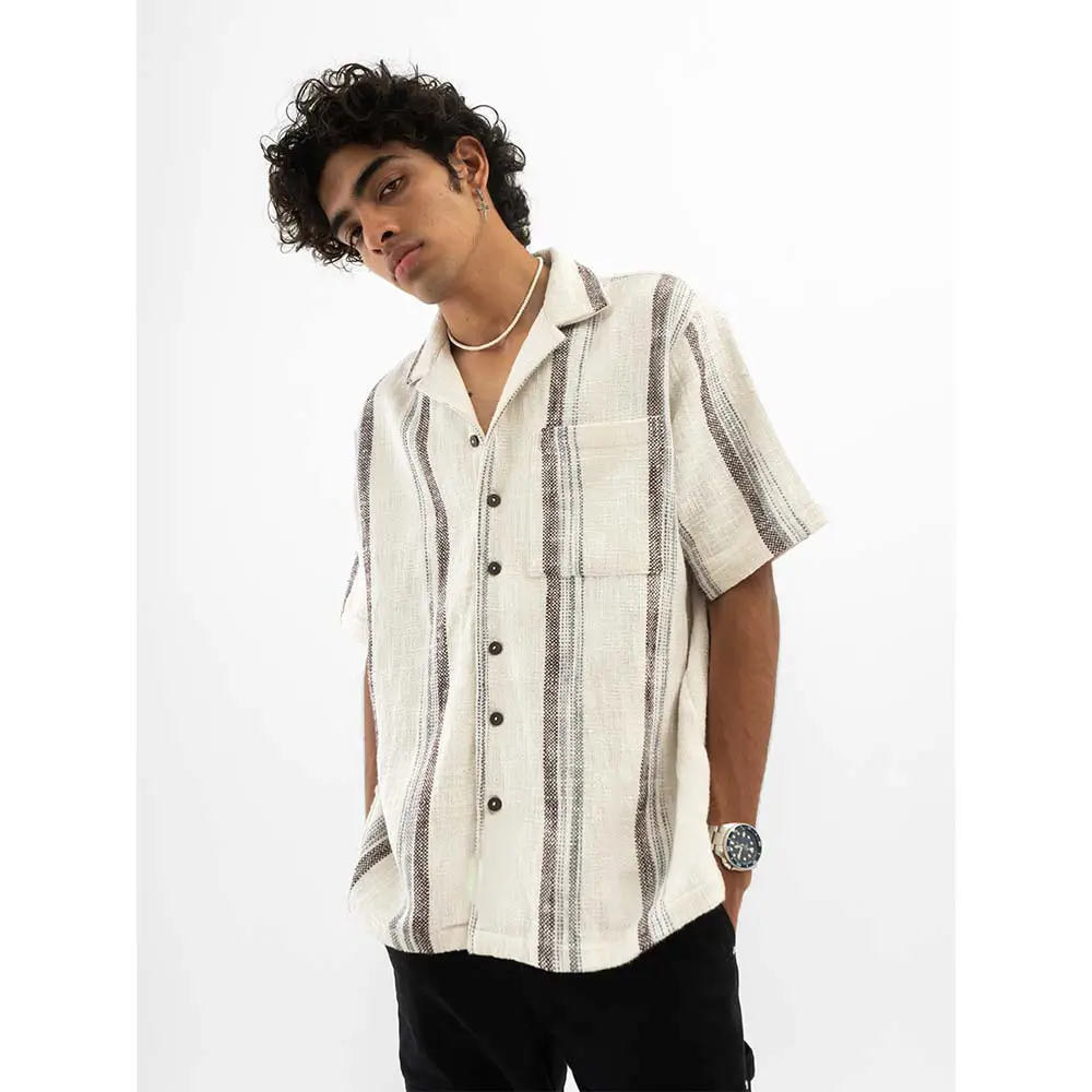 Cannabie Textured Cuban Collar Hemp Shirt (White) on itshemp.in