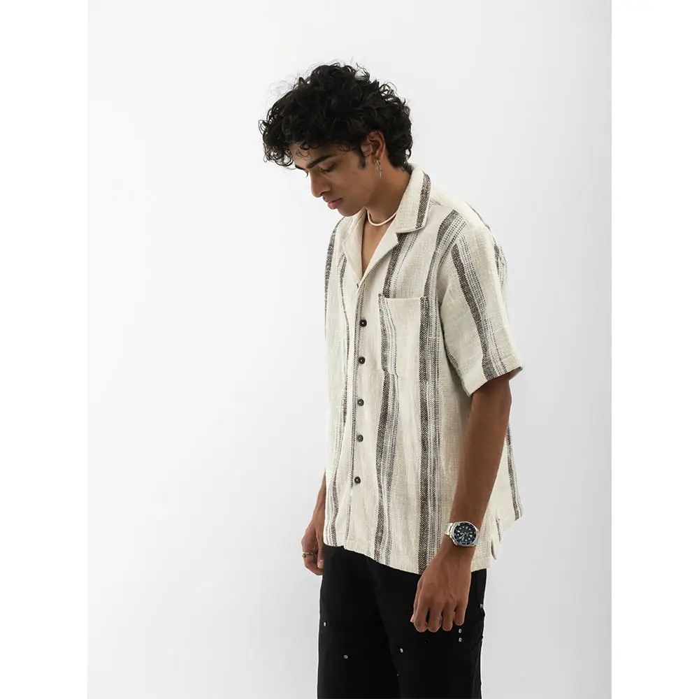 Cannabie Textured Cuban Collar Hemp Shirt (White) on itshemp.in