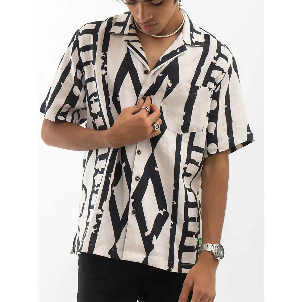 Cannabie Tribal Print Cuban Collar Hemp Shirt (Off White) on itshemp.in