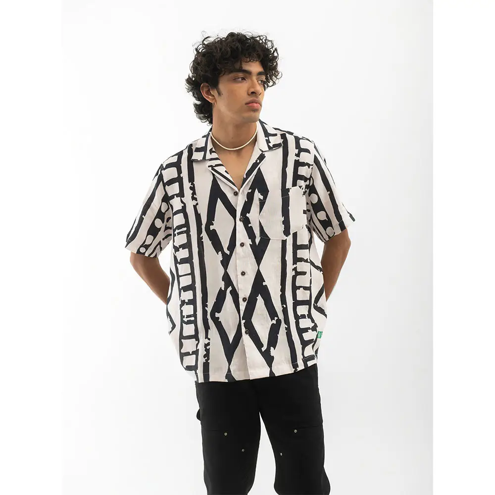 CB068085_2 Cannabie Tribal Print Cuban Collar Hemp Shirt (Off White) on itshemp.in