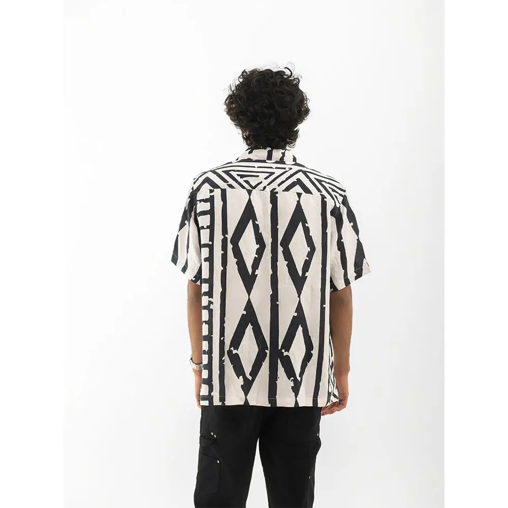 Cannabie Tribal Print Cuban Collar Hemp Shirt (Off White) on itshemp.in