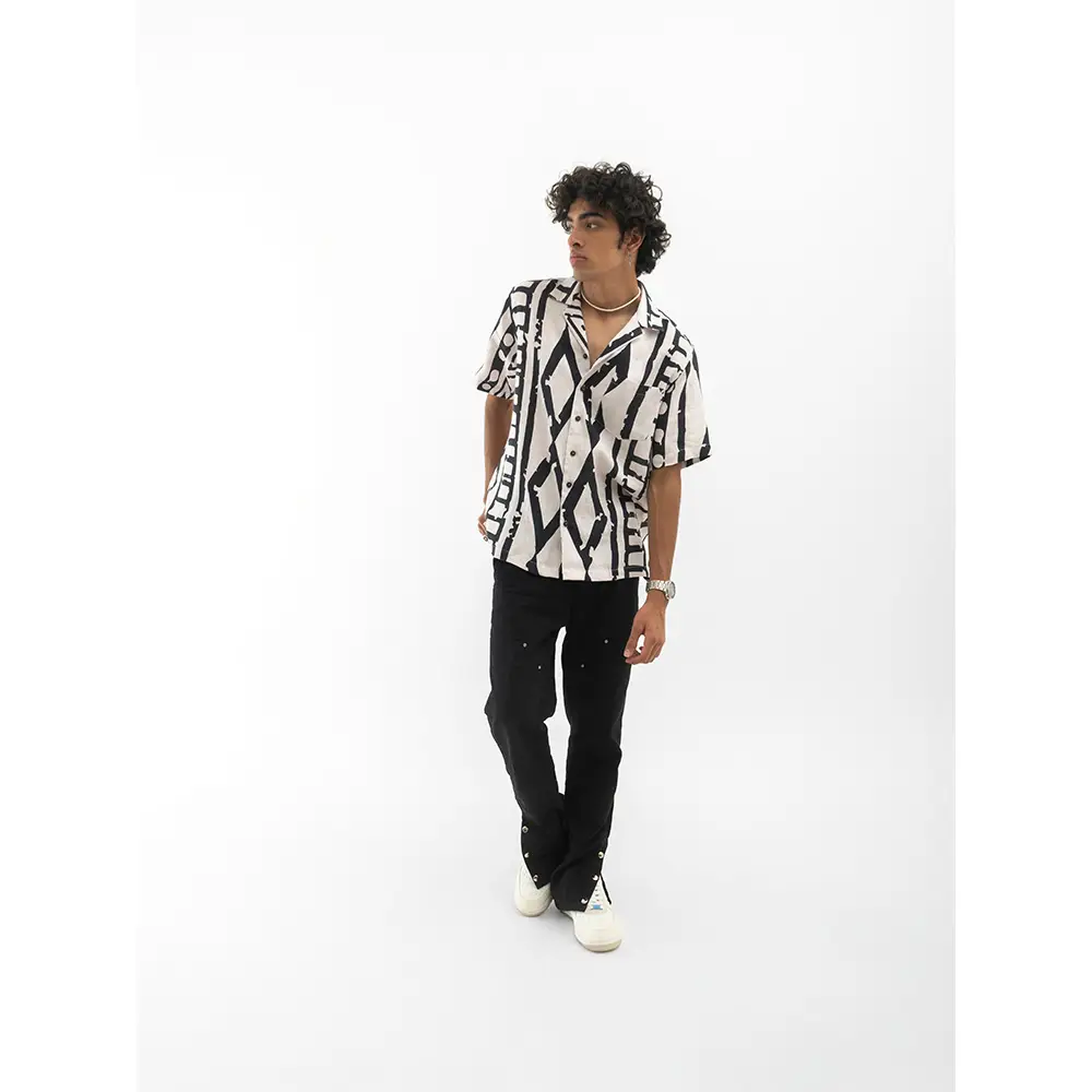 Cannabie Tribal Print Cuban Collar Hemp Shirt (Off White) on itshemp.in